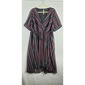 Lane Bryant Women's 18 Wrap Front Flared Midi Dress Dark Red Black Blue Stripe‎